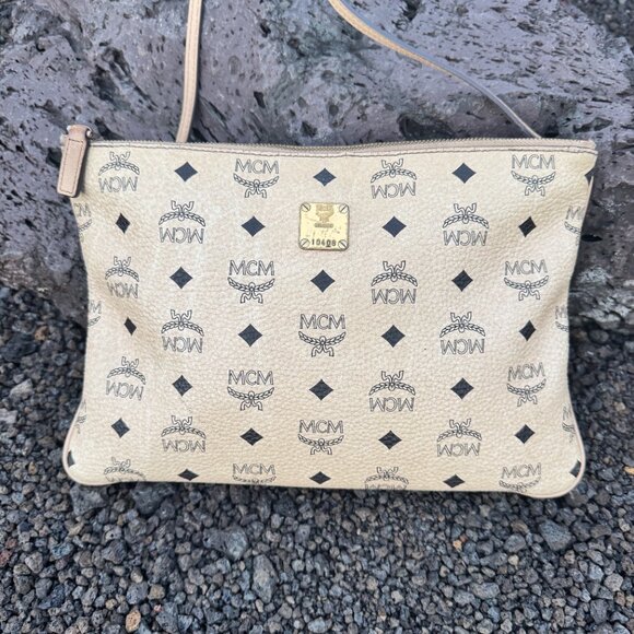 MCM Handbags - MCM Portuna Medium Visetos Beige Coated Canvas Flat Pouch Crossbody Clutch Bag